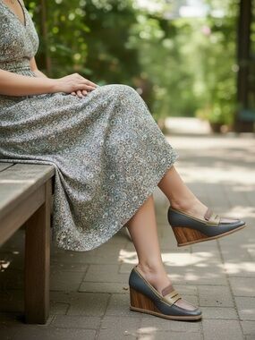 Sanctuary Cadence Colorblock Leather Wedge Loafers in brown, blue, greenish NIB